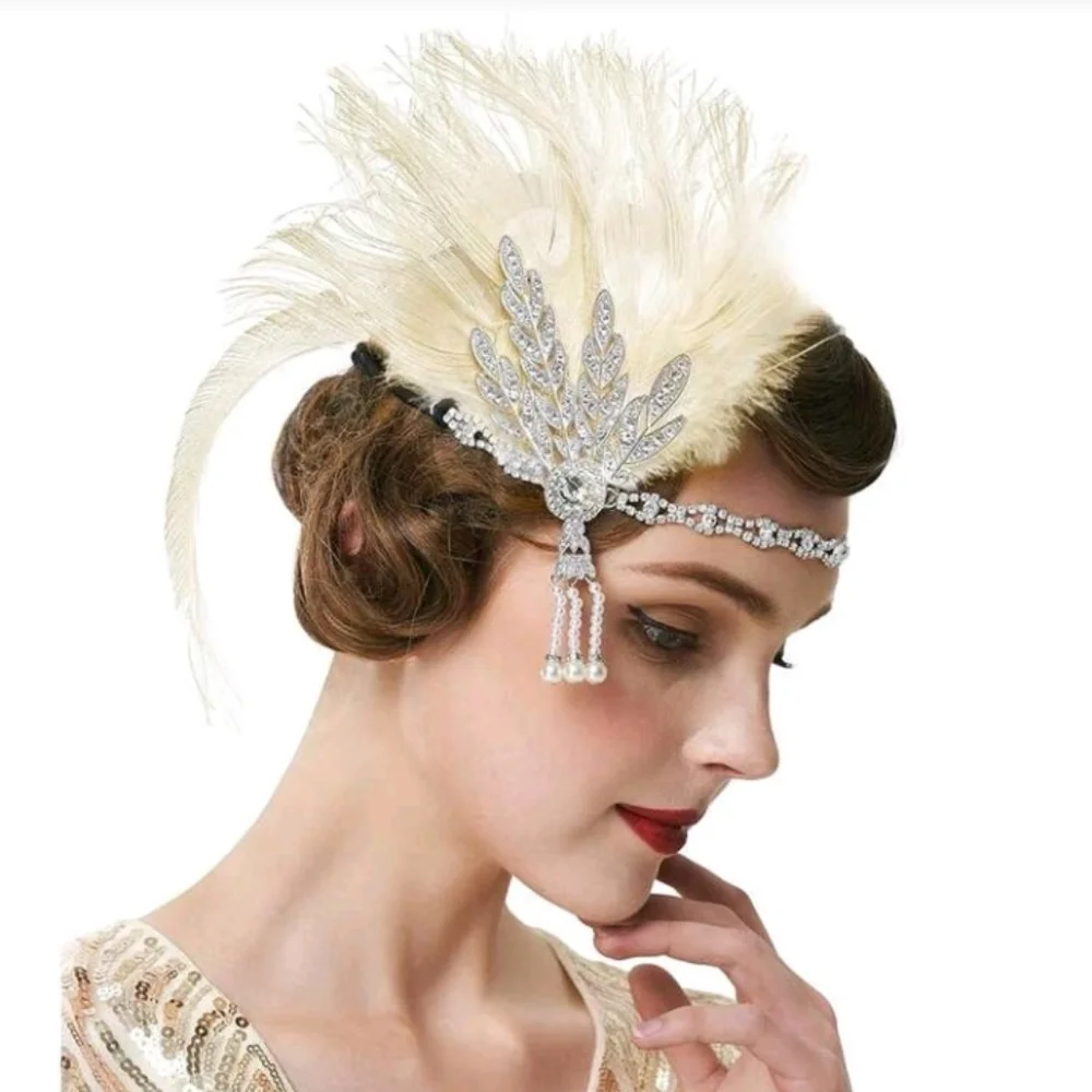 1920s Cream and Silver Retro Feather Rhinestone Headband